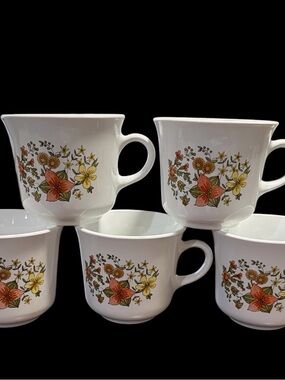 Vintage Corelle Indian Summer Coffee Tea Cups, Set of 5, Retro 1970s Floral